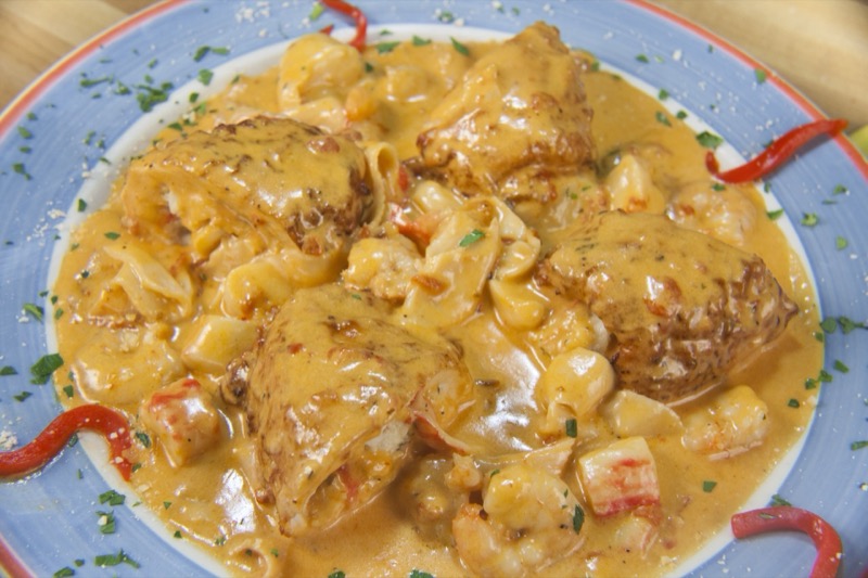 Creamy chicken entrรฉe with pasta at State Street Grill