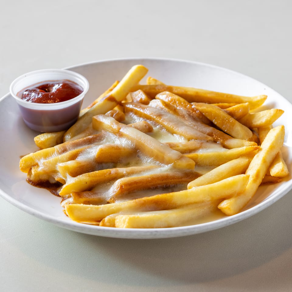 Plate of golden fries topped with melted cheese, served with a cup of ketchup.